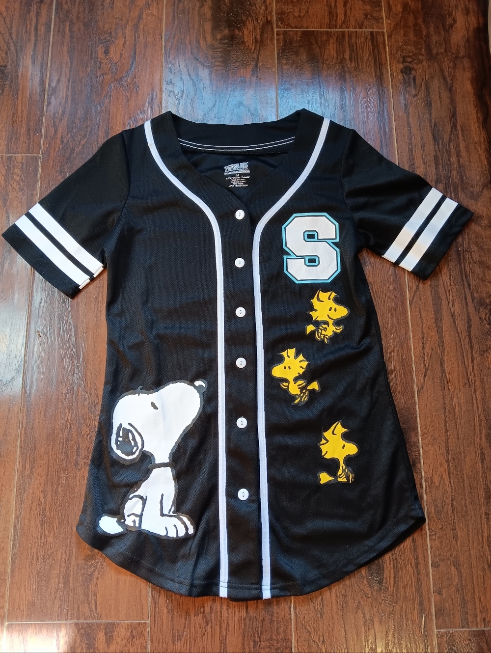 Peanuts Black Baseball Jersey with White & Yellow Graphics